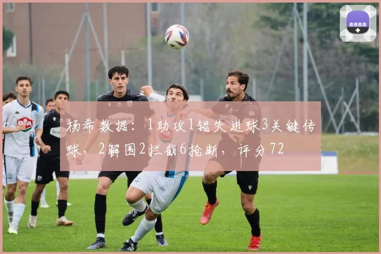 杨希数据：1助攻1错失进球3关键传球，2解围2拦截6抢断，评分72